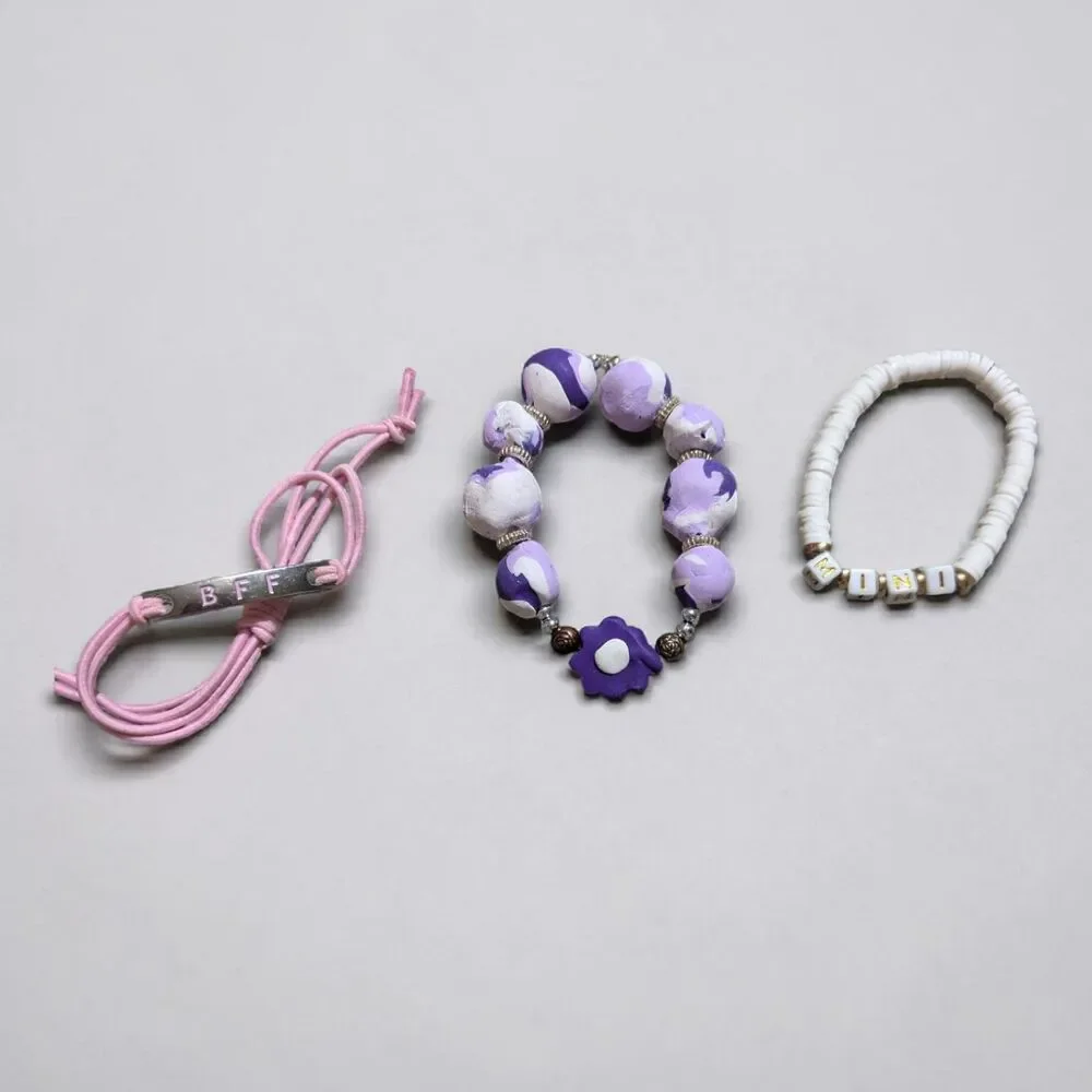 Girls Bracelet Set BFF Mini Purple Beaded Stretch Friendship Bracelets 3pc